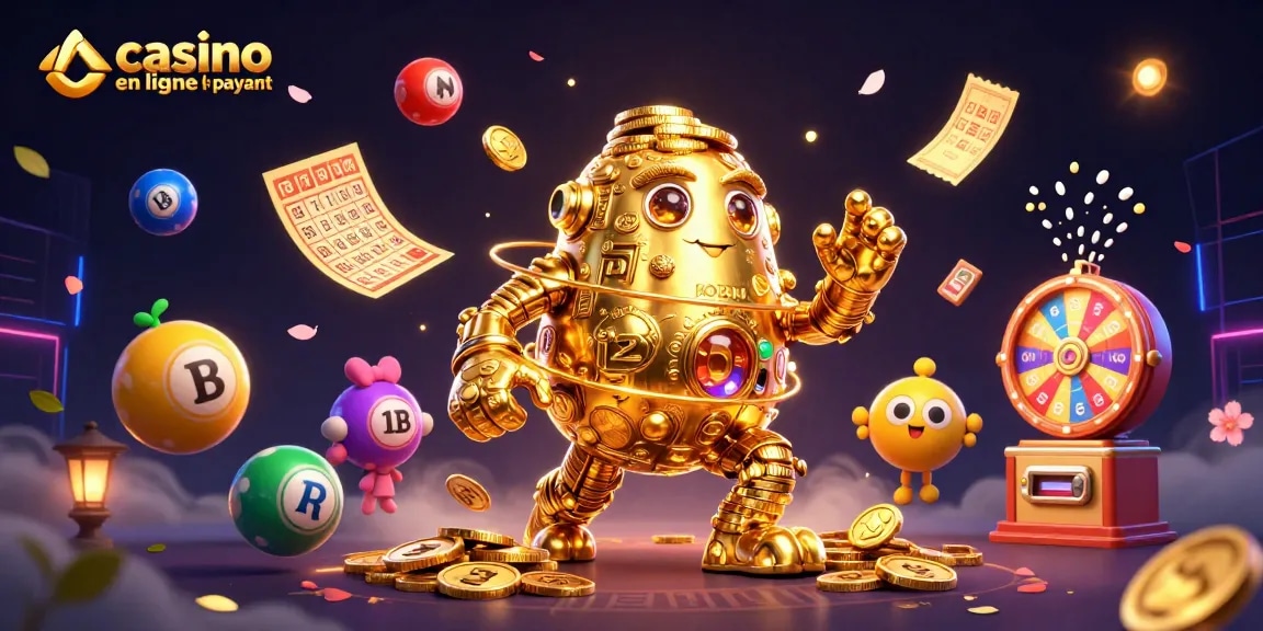 Visualisez le casino en ligne le plus payant avec un golem d'or et des éléments de loterie vibrants.