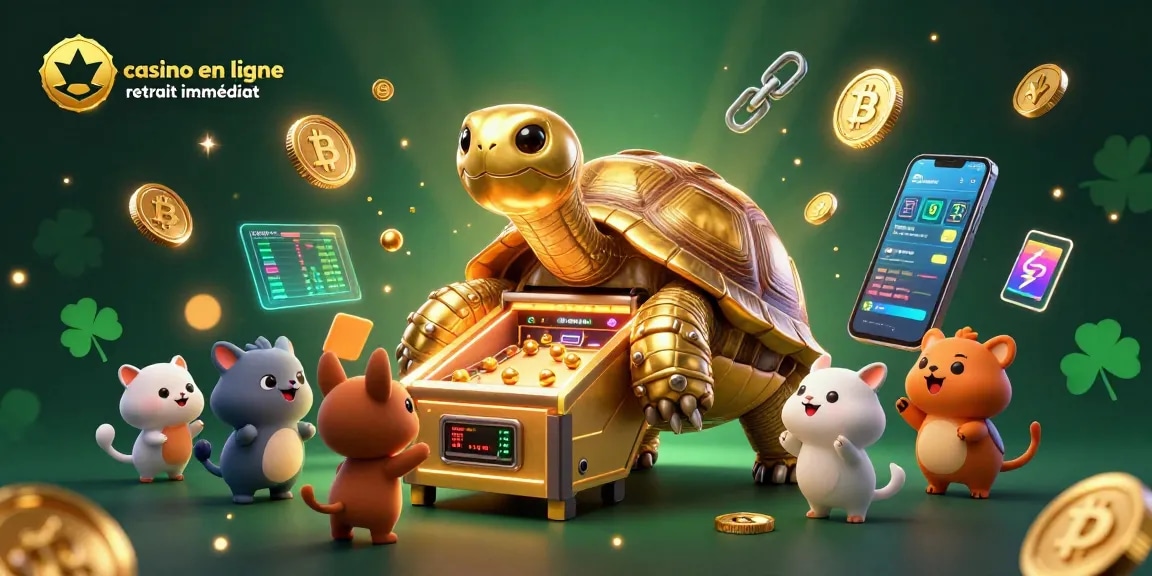 Visualisez le casino en ligne retrait immédiat avec une tortue en or jouant à un flipper parmi des devises crypto, créant une atmosphère ludique.