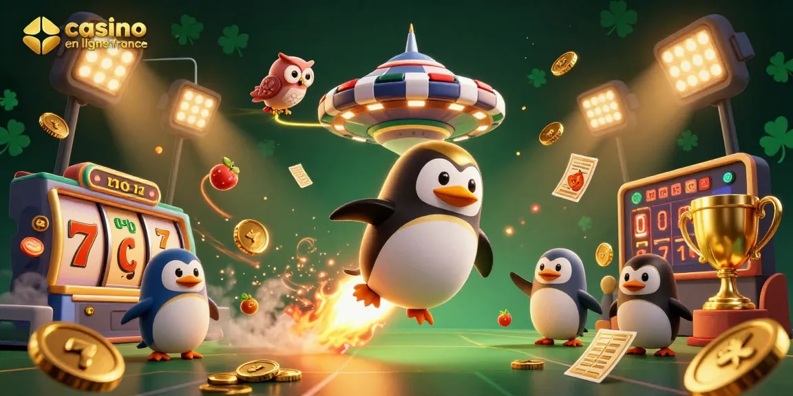 Faites des gains sur casino en ligne France avec un pingouin doré dans un univers dynamique et rempli de jeux.