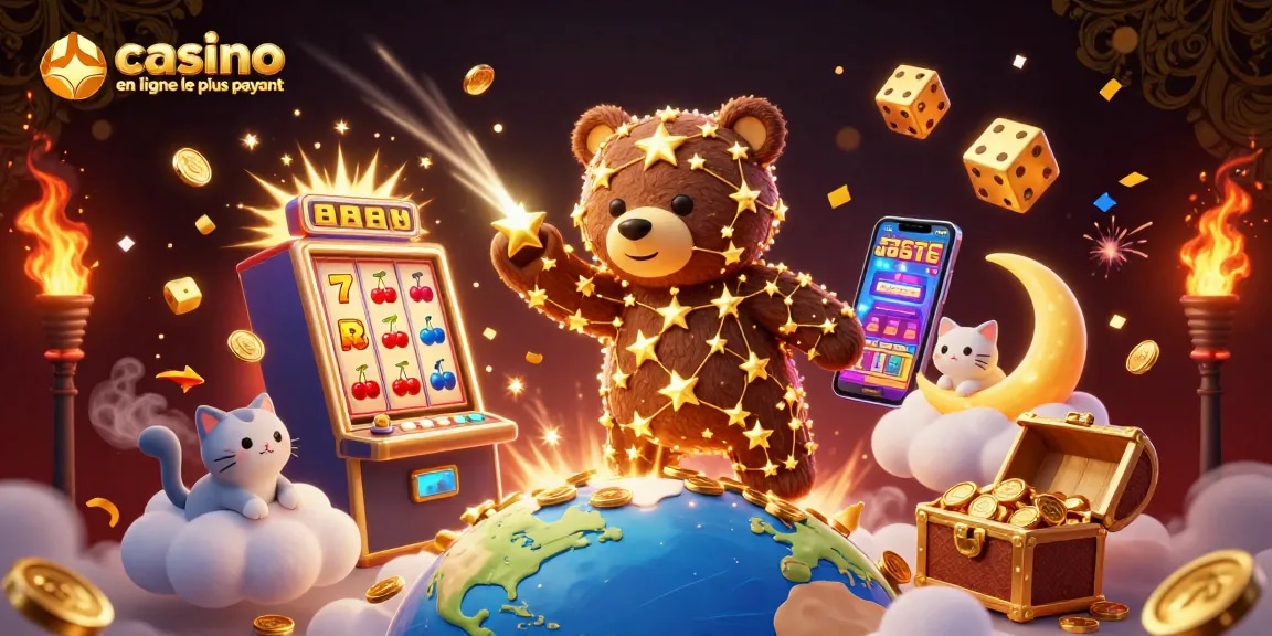 Illustration dynamique du casino en ligne le plus payant avec des éléments de machines à sous, un ours constellation et des pièces d'or.