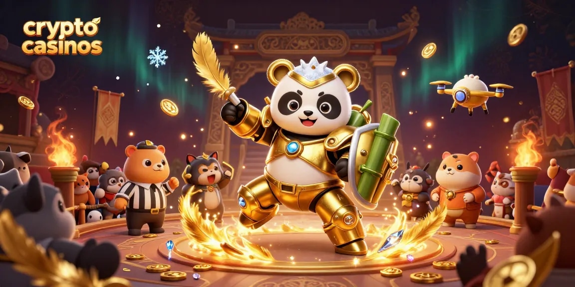 Illustration dynamique de crypto casinos avec un panda doré en robot de combat et des éléments de jeux d'argent.