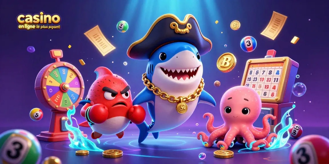 Illustration dynamique de personnages de casino en ligne le plus payant avec des éléments de jeu et une ambiance sous-marine.
