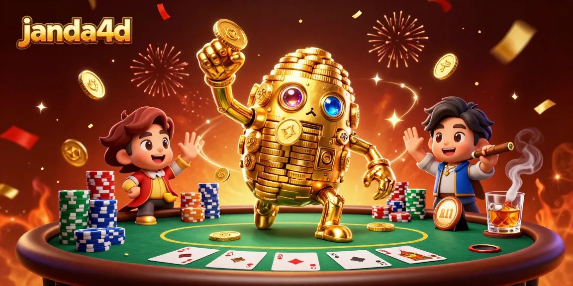 Golem emas janda4d menampilkan kemenangan poker di atas meja hijau penuh chip warna-warni.