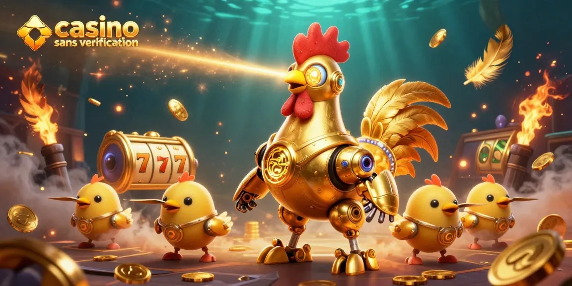 Découvrez un robot coq doré laser gravant des motifs entouré de pièces d'or sur un casino sans vérification.