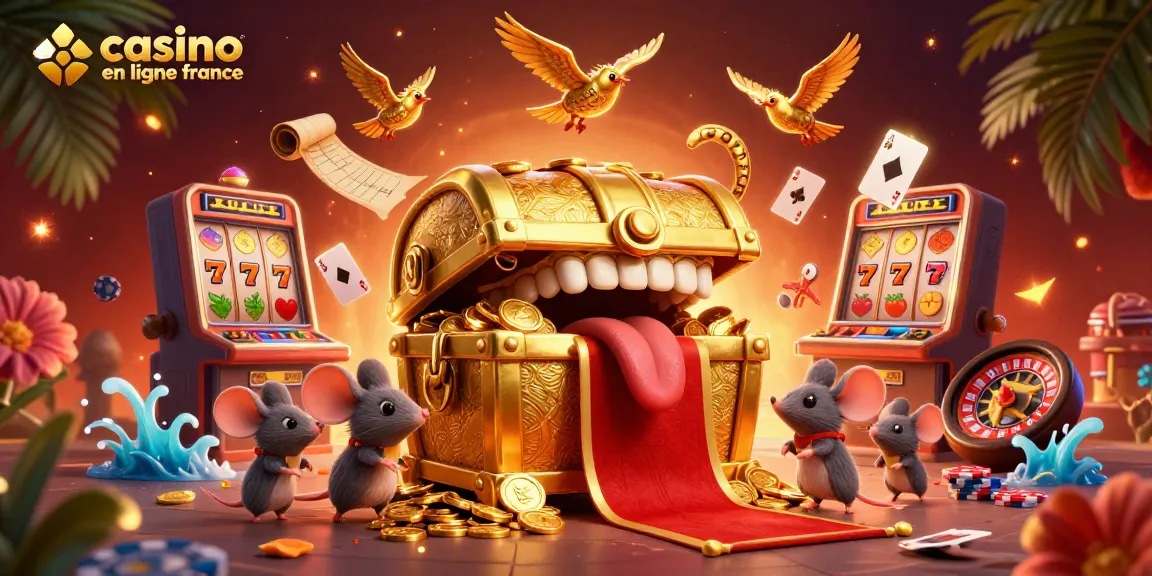 Illustration dynamique sur le thème du casino en ligne France, avec des éléments de jeux et une ambiance festive.