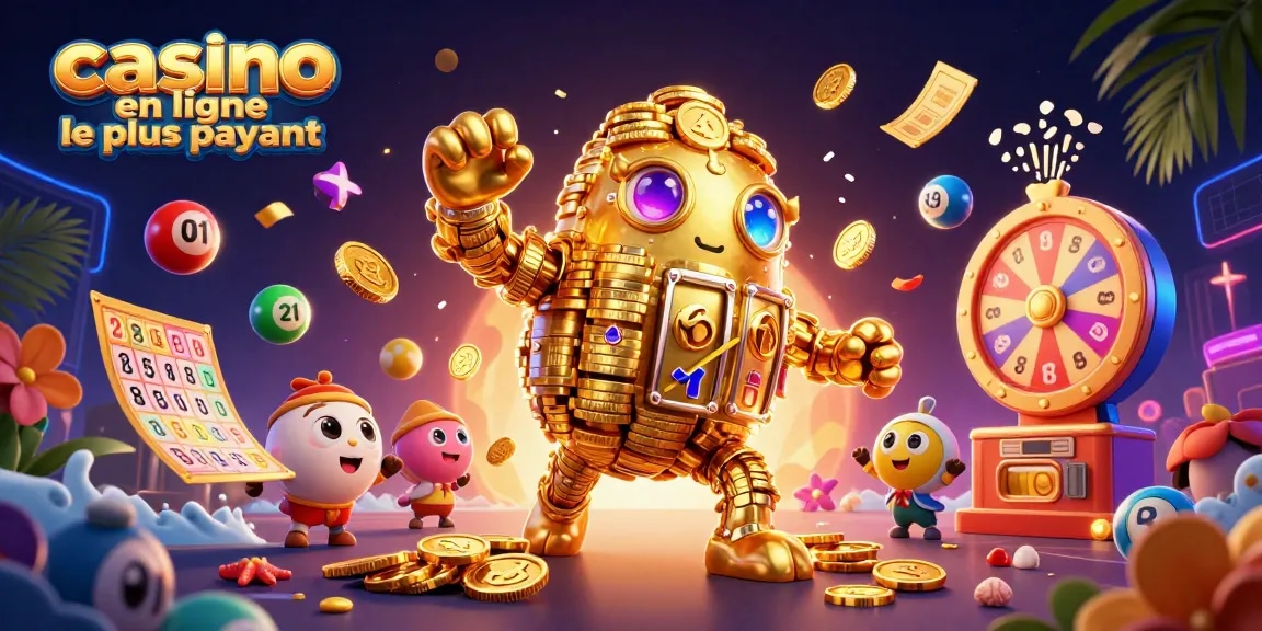 Illustration dynamique de casino en ligne le plus payant avec des éléments de loterie et un golem en or.