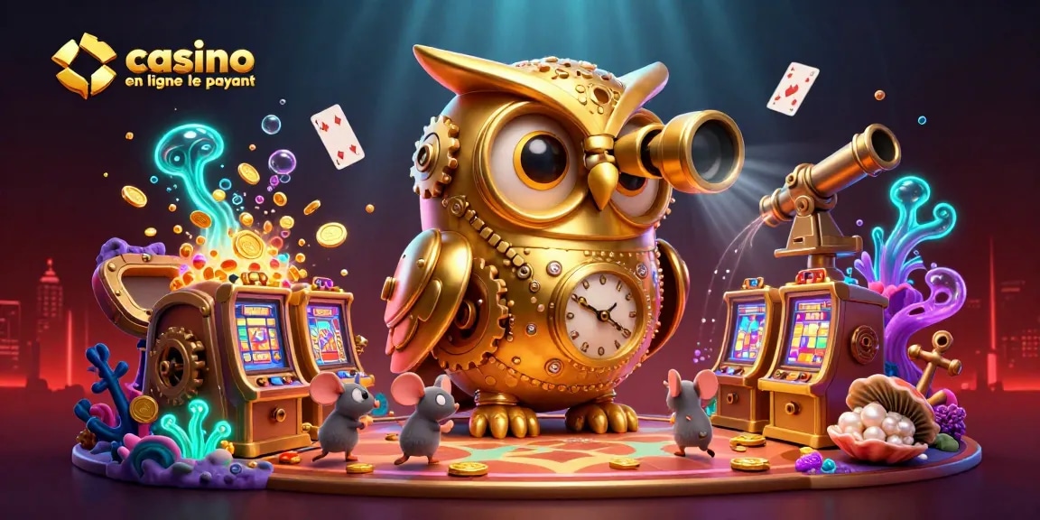 La scène captivante du casino en ligne le plus payant avec un hibou en or et des souris entre les machines à sous.