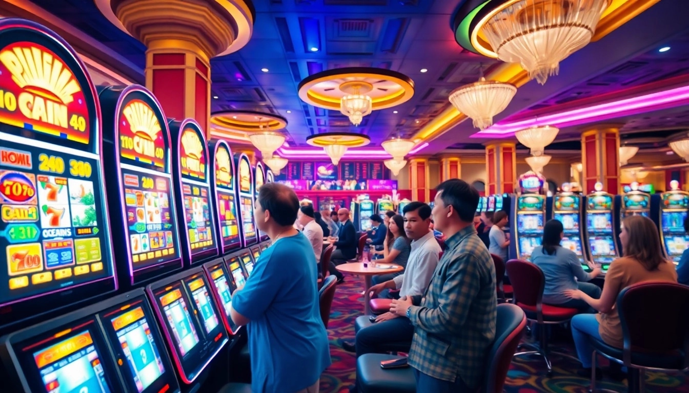 Slot gacor mesin terlihat bersinar di pusat kasino yang ramai.