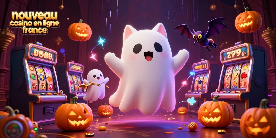 Illustration dynamique d'un nouveau casino en ligne France, avec un chat fantôme et des machines à sous.