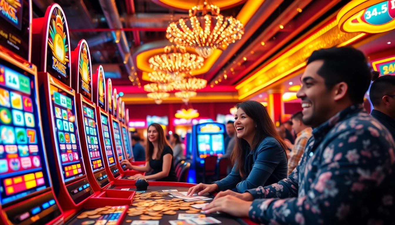 Menampilkan permainan slot togel dengan pemain antusias dan suasana kasino yang hidup.