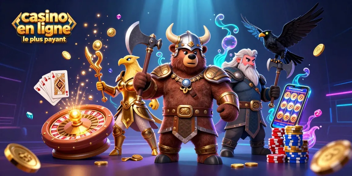Illustration dynamique du casino en ligne le plus payant, avec un ours viking et des éléments de jeu.