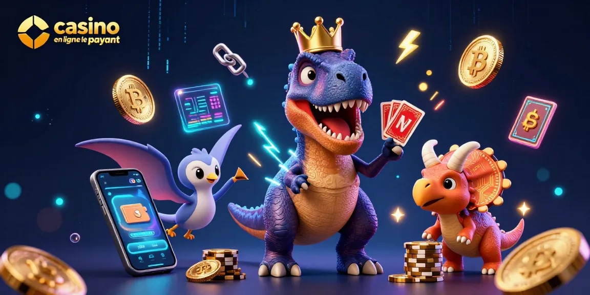 Visuel captivant d'un casino en ligne le plus payant avec un T-Rex jouant aux cartes, une illustration ludique.