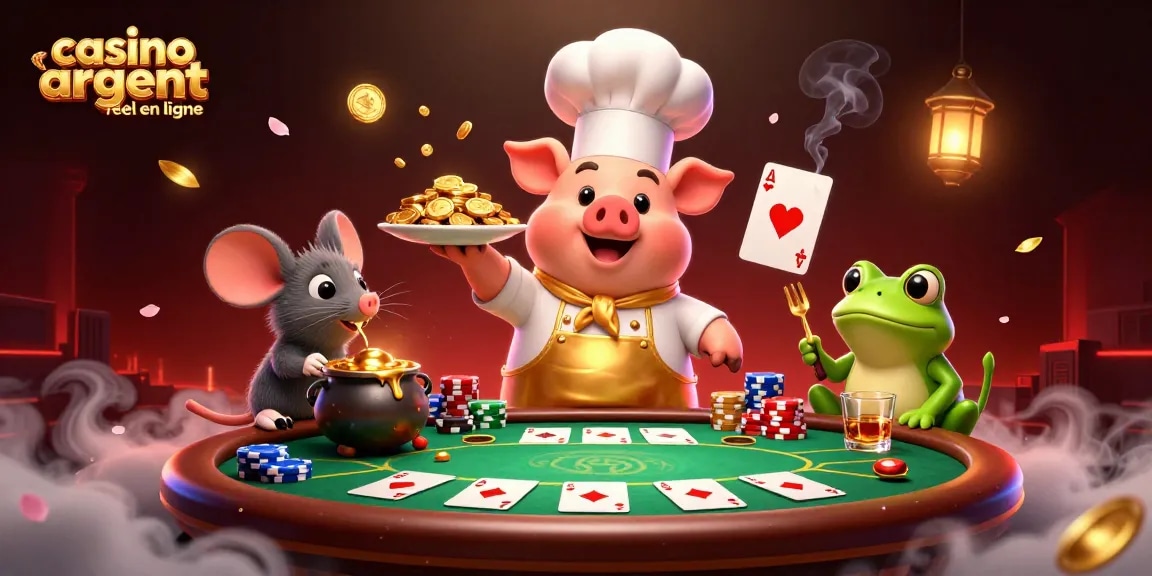 Jouer au casino argent réel en ligne, des personnages animés entourés de jetons et de cartes de poker.