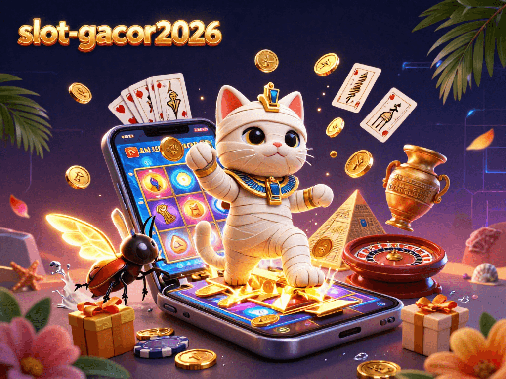 Experience winning moments with slot-gacor2026 featuring an Egyptian mummy cat and exciting casino elements.