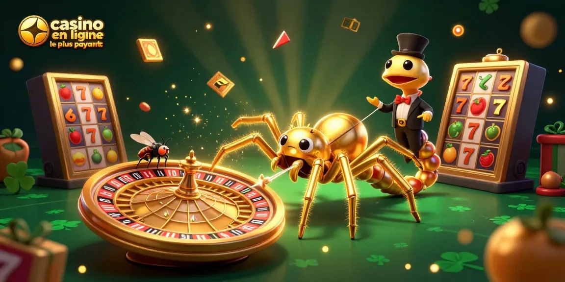 Illustration représentant un casino en ligne le plus payant avec une araignée dorée et un croupier centipède entourés de jeux dynamiques.