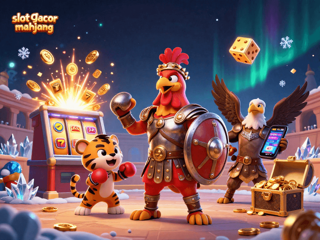 Engage with slot gacor mahjong in a vibrant 3D casino arena featuring a rooster and tiger cub.