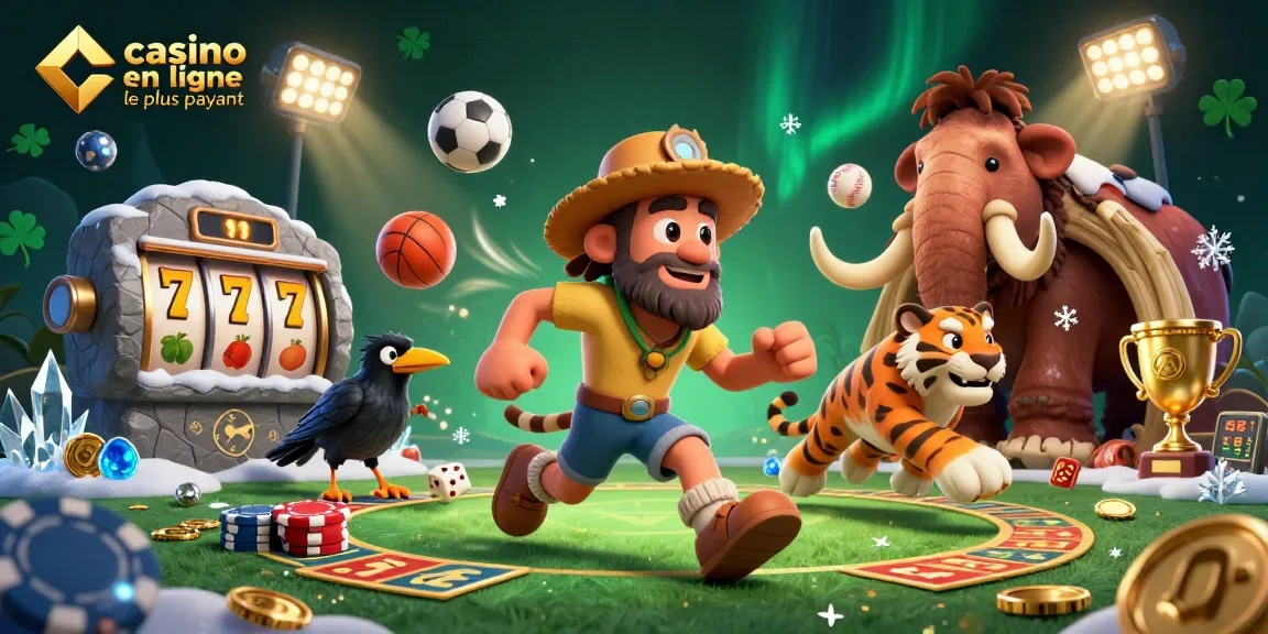 Illustration captivante du casino en ligne le plus payant avec l'ours préhistorique et le tigre à dents de sabre.