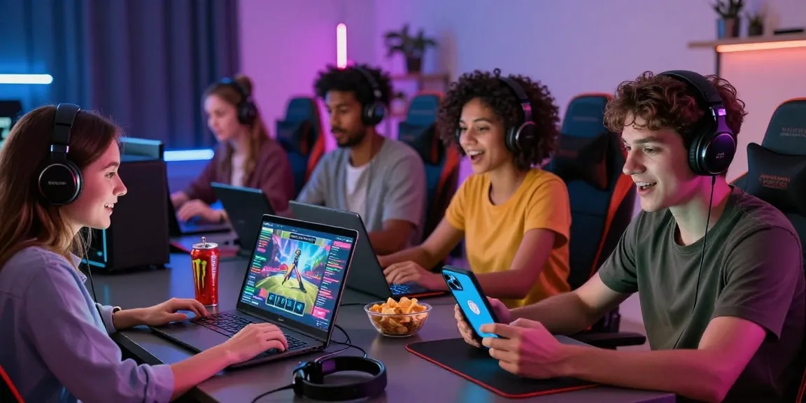 Engaged players enjoying html porn games on devices in a vibrant gaming room.