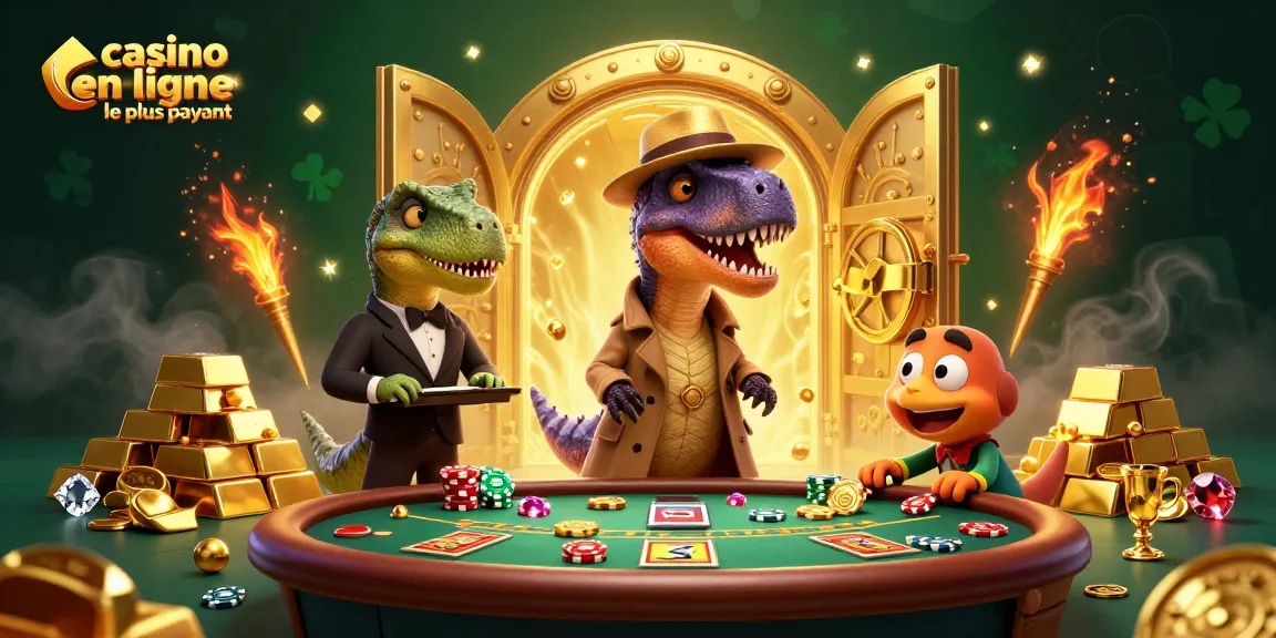 Le casino en ligne le plus payant : Un vélociraptor à une table de blackjack avec un gérant stegosaurus.