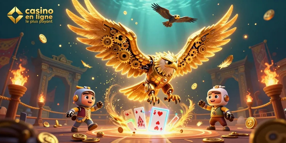 Jouez au casino en ligne le plus payant avec une illustration dynamique d'un aigle cybernétique plongeant parmi des cartes holographiques.