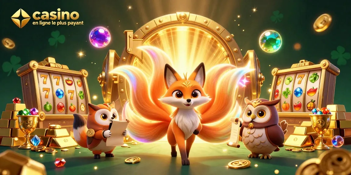 Jouez au casino en ligne le plus payant avec une illustration dynamique d'un renard à neuf queues et un hibou sage.