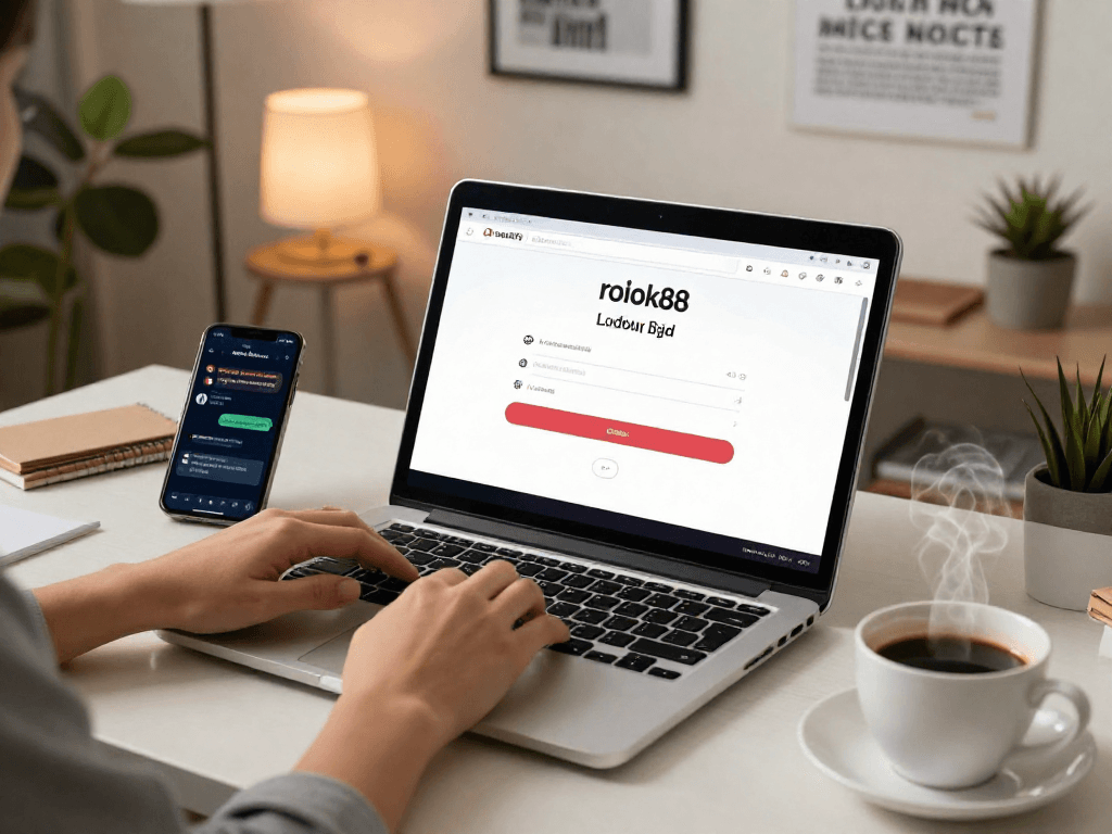 User engaging with the rokok88 login interface on a laptop in a modern workspace