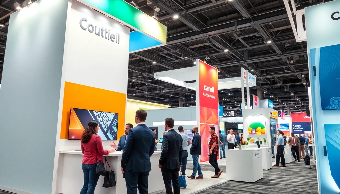 Engaging trade show booth showcasing representatives interacting with attendees in a lively setting.