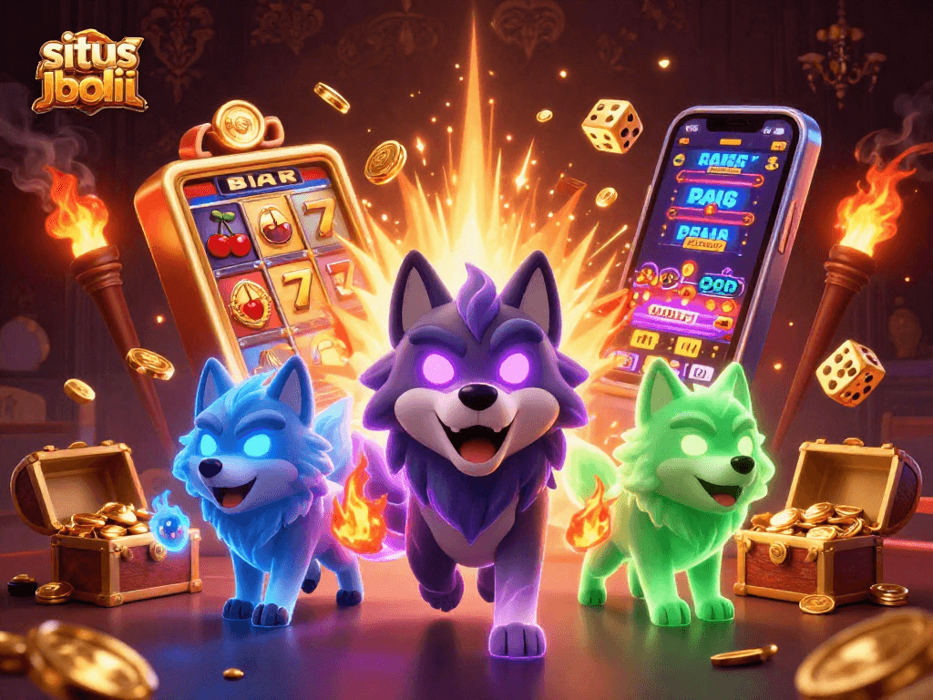 Experience thrilling gaming action at situs judi bola with vibrant 3D illustration of animated casino elements.