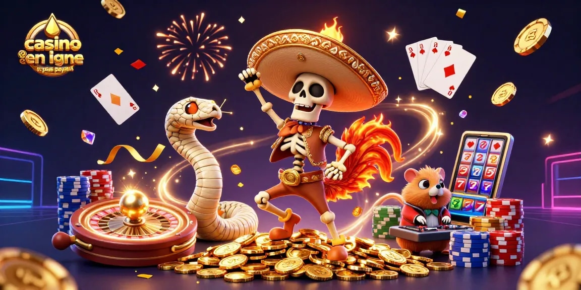 Illustration dynamique de casino en ligne le plus payant avec un rooster mariachi en fête.