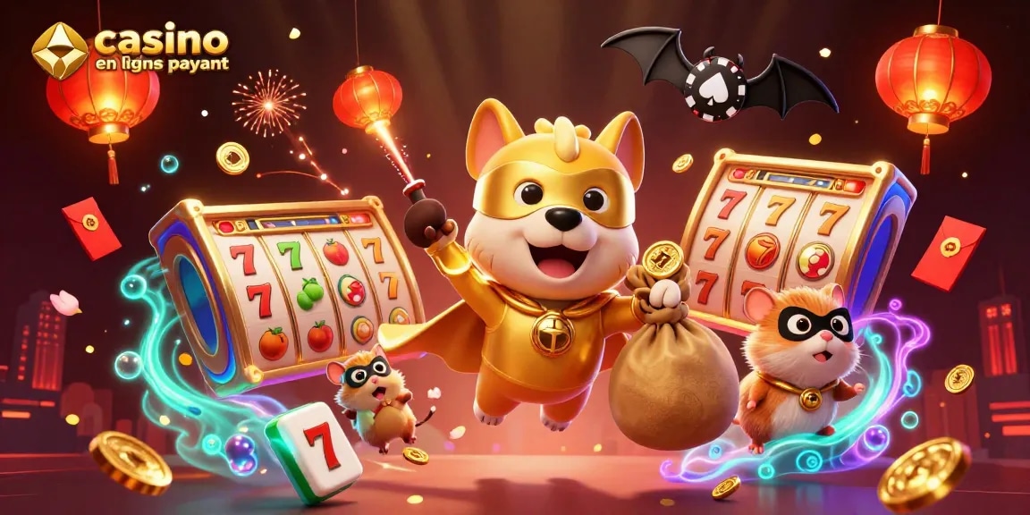 Visuel captivant mettant en avant un héros chien en plein vol avec un trésor, illustrant le concept de casino en ligne le plus payant.