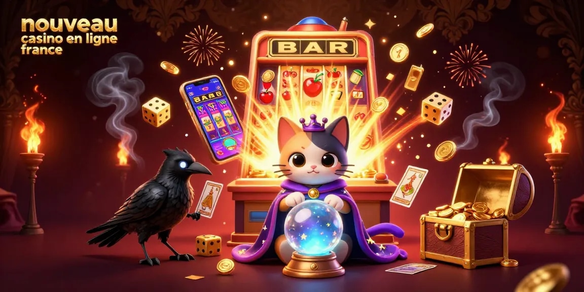 Illustration dynamique de nouveau casino en ligne France avec une chatte mystique et un corbeau dealer.