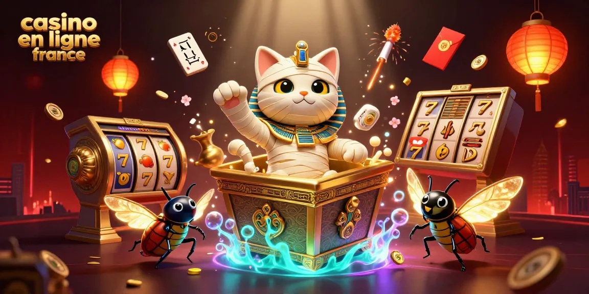 Illustration dynamique de casino en ligne France avec un chat momie égyptien, représentants des chances pour jouer.