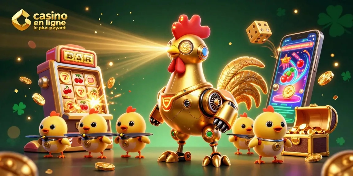 Expérimentez le meilleur des gains avec le casino en ligne le plus payant, illustré par un robot coq doré et des drones.