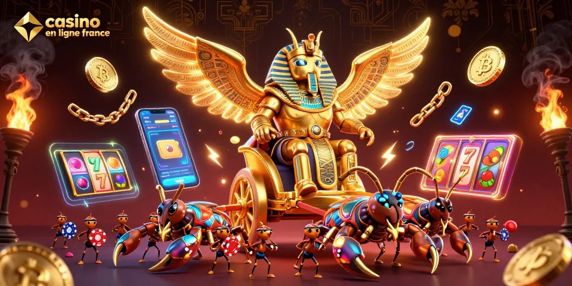 Jouez à casino en ligne france avec un scarabée doré et des scorpions, entourés de jetons.