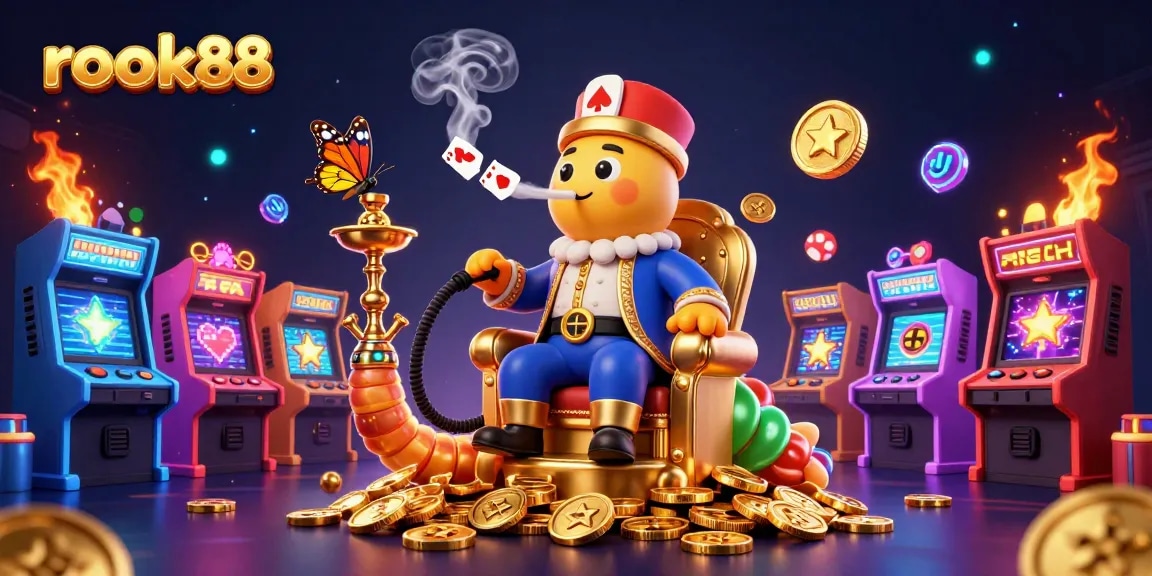 Experience exciting gameplay with rokok88 in a vibrant, colorful 3D casino scene full of dynamic gaming elements.