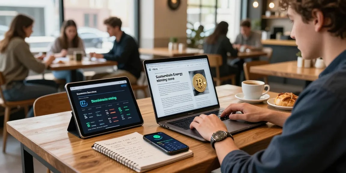 sustainable bitcoin mining insights in a coffee shop with blockchain tech, digital wallet, and eco-friendly energy sources.