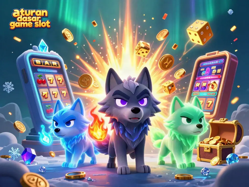 Memahami aturan dasar game slot dengan tampilan slot 3D yang menarik dan simbol permainan berkilau.