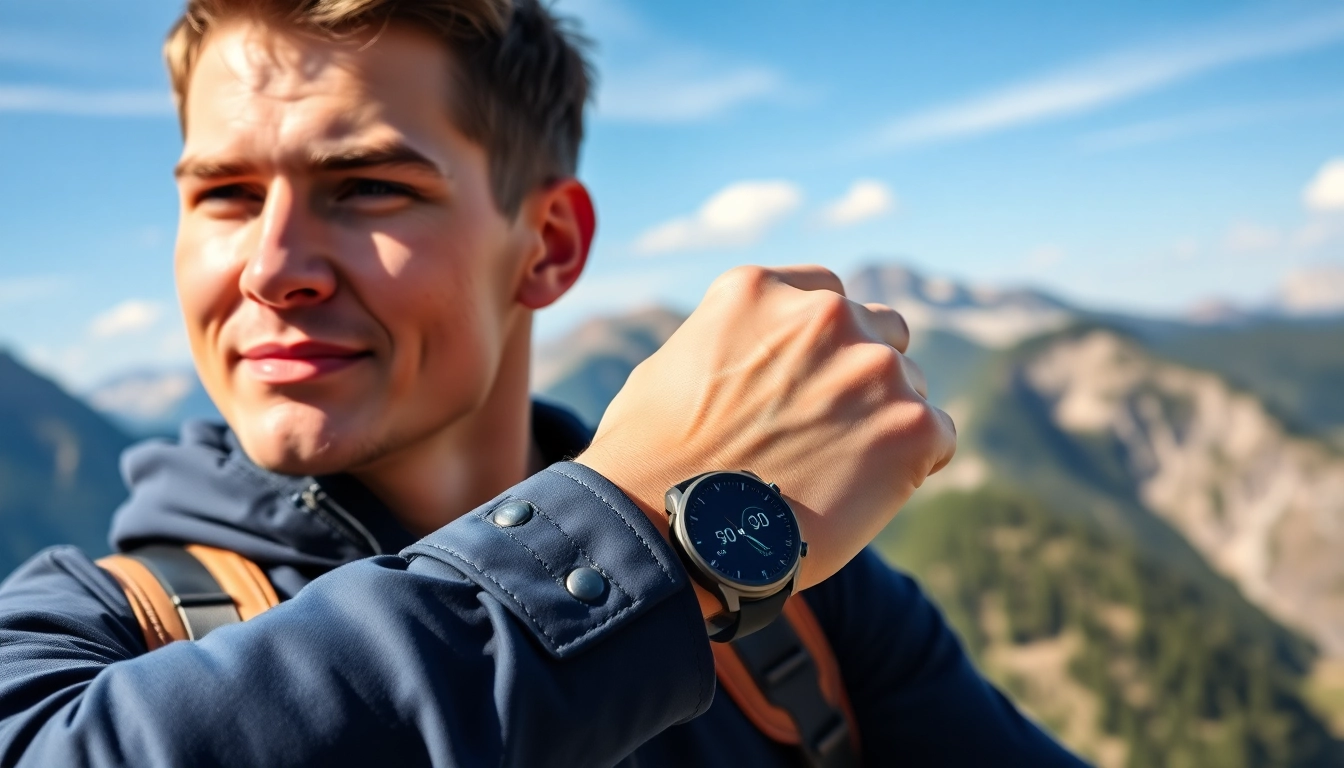 Track your adventure with the Explorer Plus GPS Smart Watch featured on a hiker's wrist against a stunning backdrop.