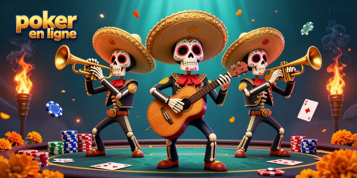 Jouez au poker en ligne avec des personnages de mariachis animés dans une scène colorée et dynamique.
