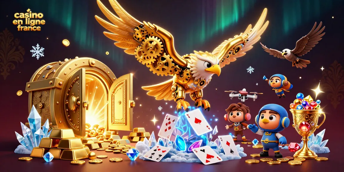Casino en ligne France : plongez dans l'univers vibrant des jeux et des gains avec un aigle doré et des cartes scintillantes.