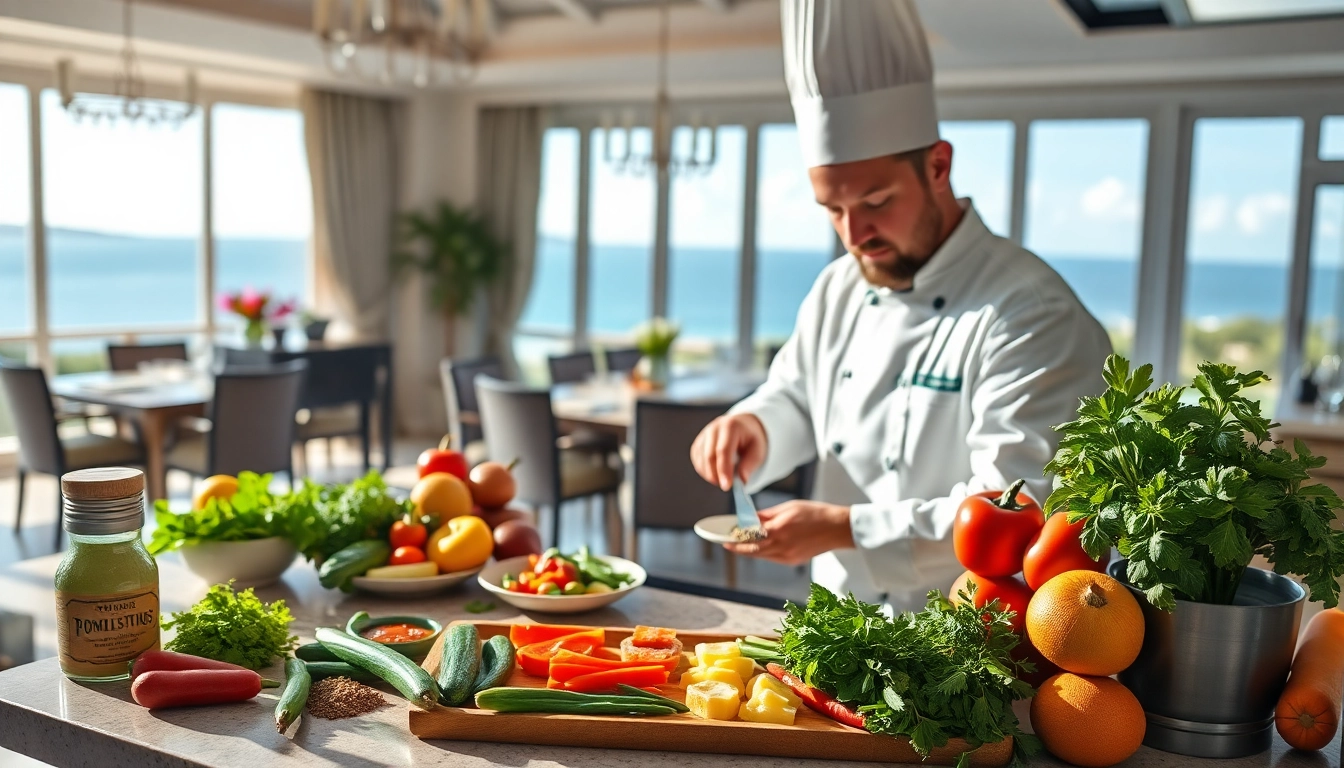 Private chef St Martin creating a gourmet meal in a luxurious villa kitchen with fresh ingredients.