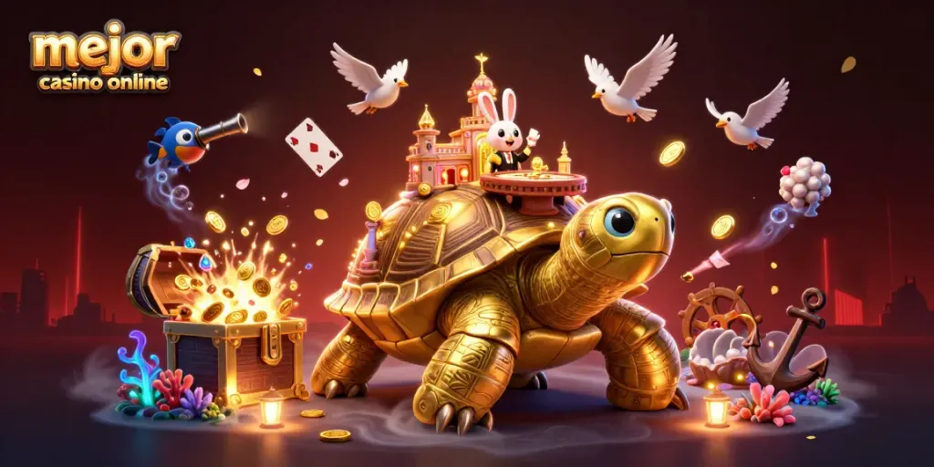 Mejor casino online, disfruta de juegos en una tortuga dorada con un casino en su caparazón.