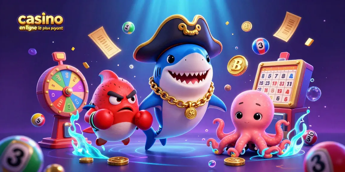 Illustration dynamique de personnages de casino en ligne le plus payant avec des éléments de jeu et une ambiance sous-marine.