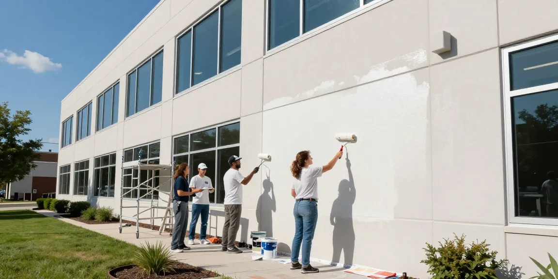 Commercial painters Franklin County OH collaborating on a large office building project with bright skies and teamwork.