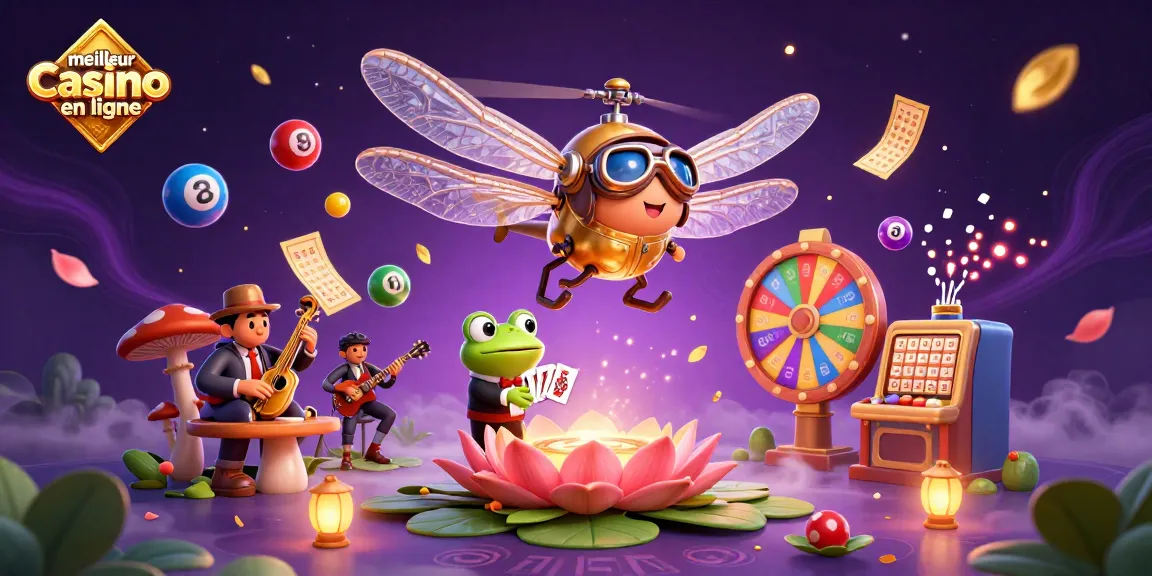Illustration du meilleur casino en ligne avec un dragonfly pilote en hélicoptère et un croupier grenouille.