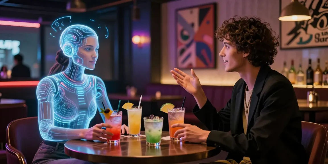 Engaging conversation with AI nsfw companion in vibrant lounge bar, showcasing nightlife.