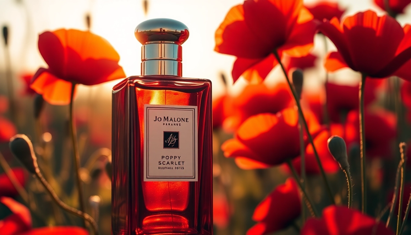 Experience the allure of Jo Malone Poppy Scarlet with its elegant floral design and vibrant setting.