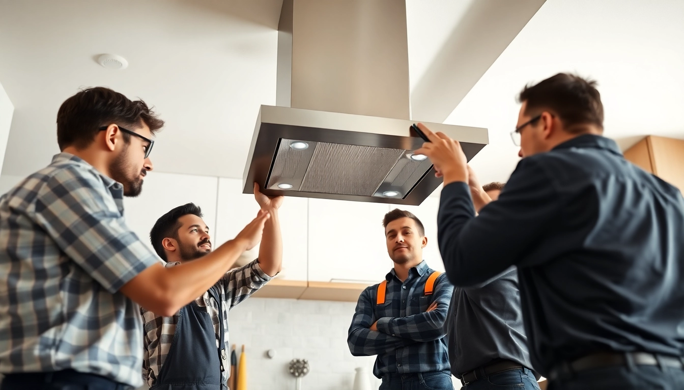 Expert team performing exhaust hood installation with attention to detail in a contemporary kitchen.