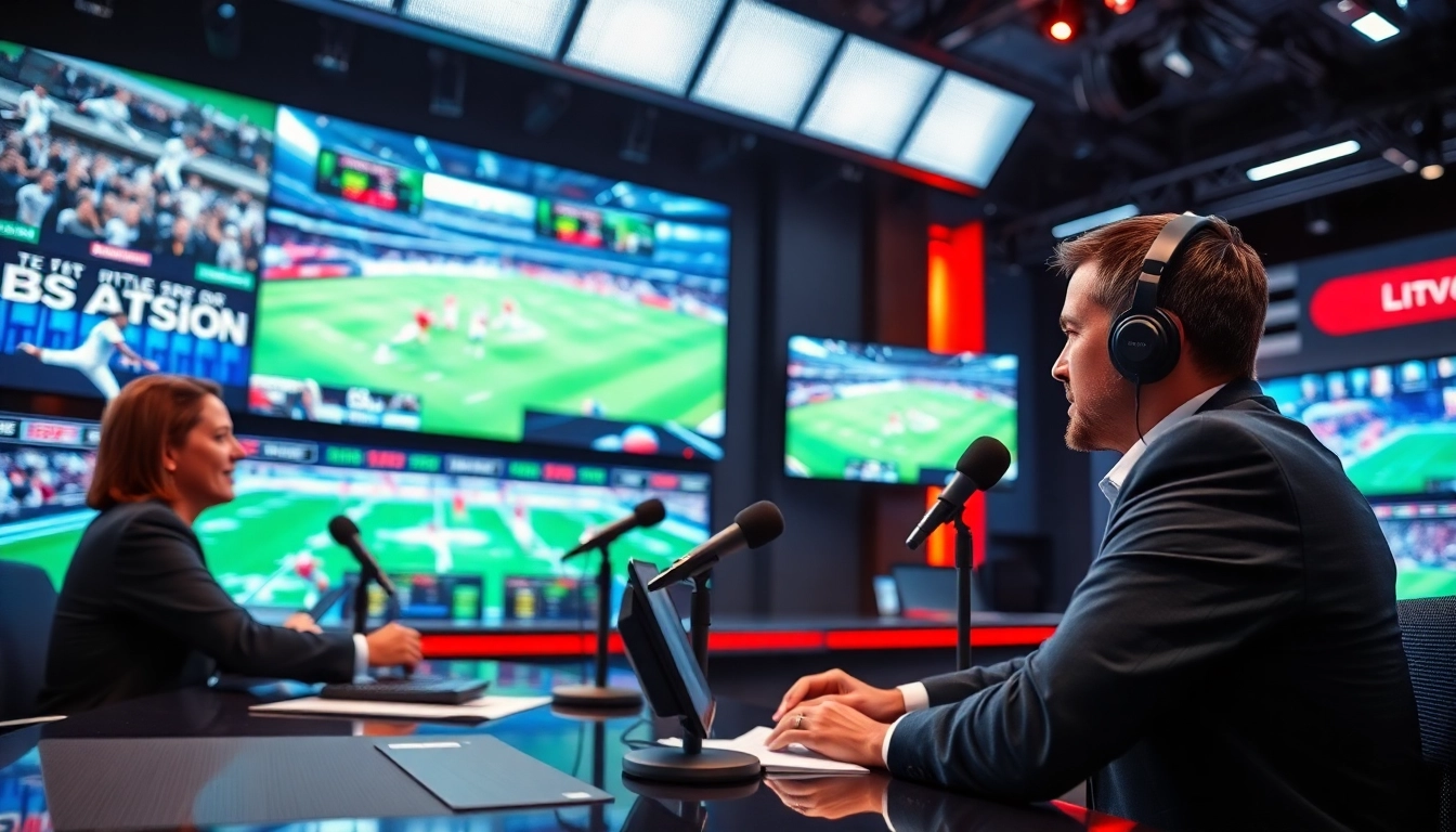 In a vibrant sports broadcasting studio, broadcasters passionately discuss live game highlights.