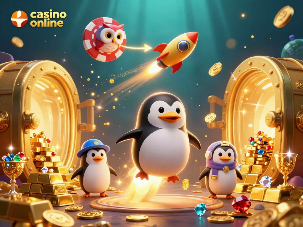 Juega en un casino online con un pingüino dorado espacial rodeado de tesoros.